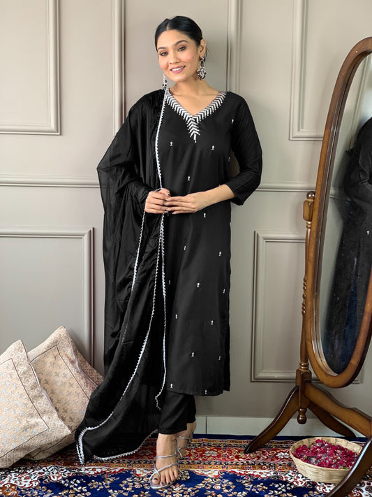 Designer Kurta set with Bottom Pant and Plain Dupatta in Black Color Dropshipera