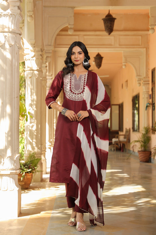 Embroidered Design Aari Work Chanderi Cotton Kurta With duppata and Bottom Dropshipera