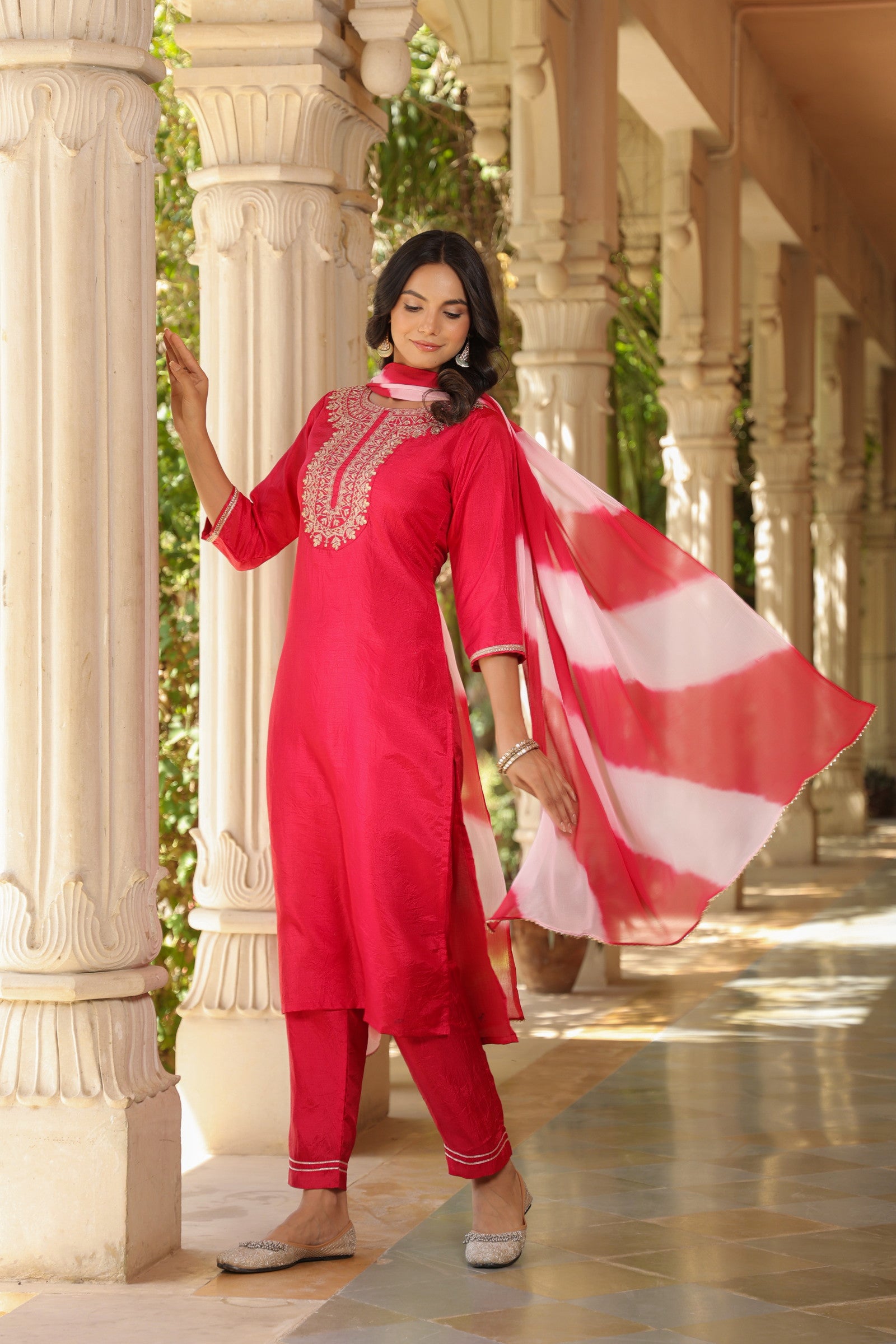 Fuchsia Pink Embroidered Designer Kurta With duppata and Bottom Dropshipera