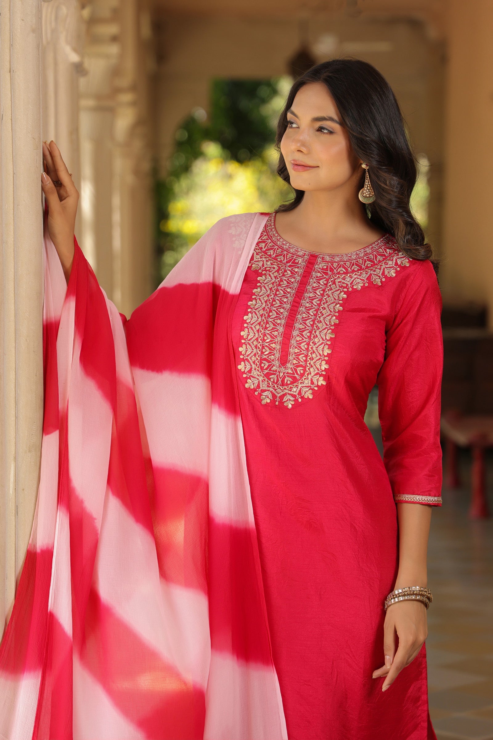 Fuchsia Pink Embroidered Designer Kurta With duppata and Bottom Dropshipera