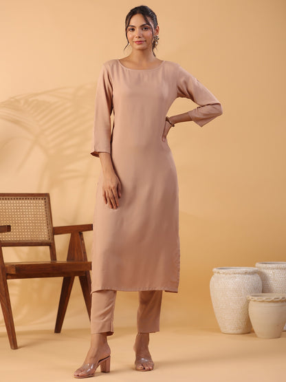 Peach Round Neck Straight Kurta With Trouser Dropshipera