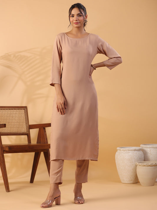 Peach Round Neck Straight Kurta With Trouser Dropshipera