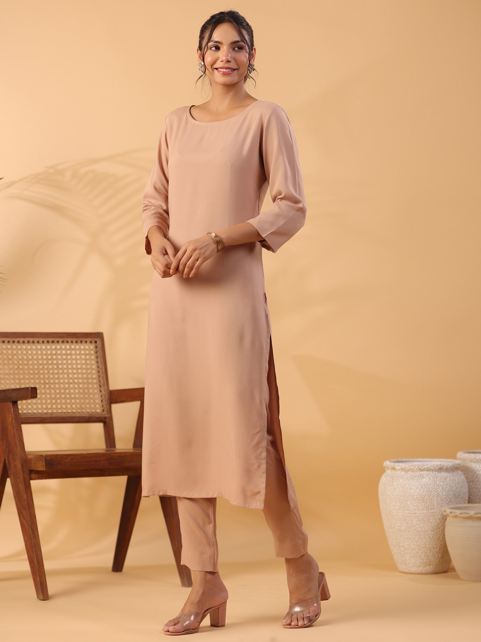 Peach Round Neck Straight Kurta With Trouser Dropshipera