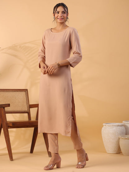 Peach Round Neck Straight Kurta With Trouser Dropshipera