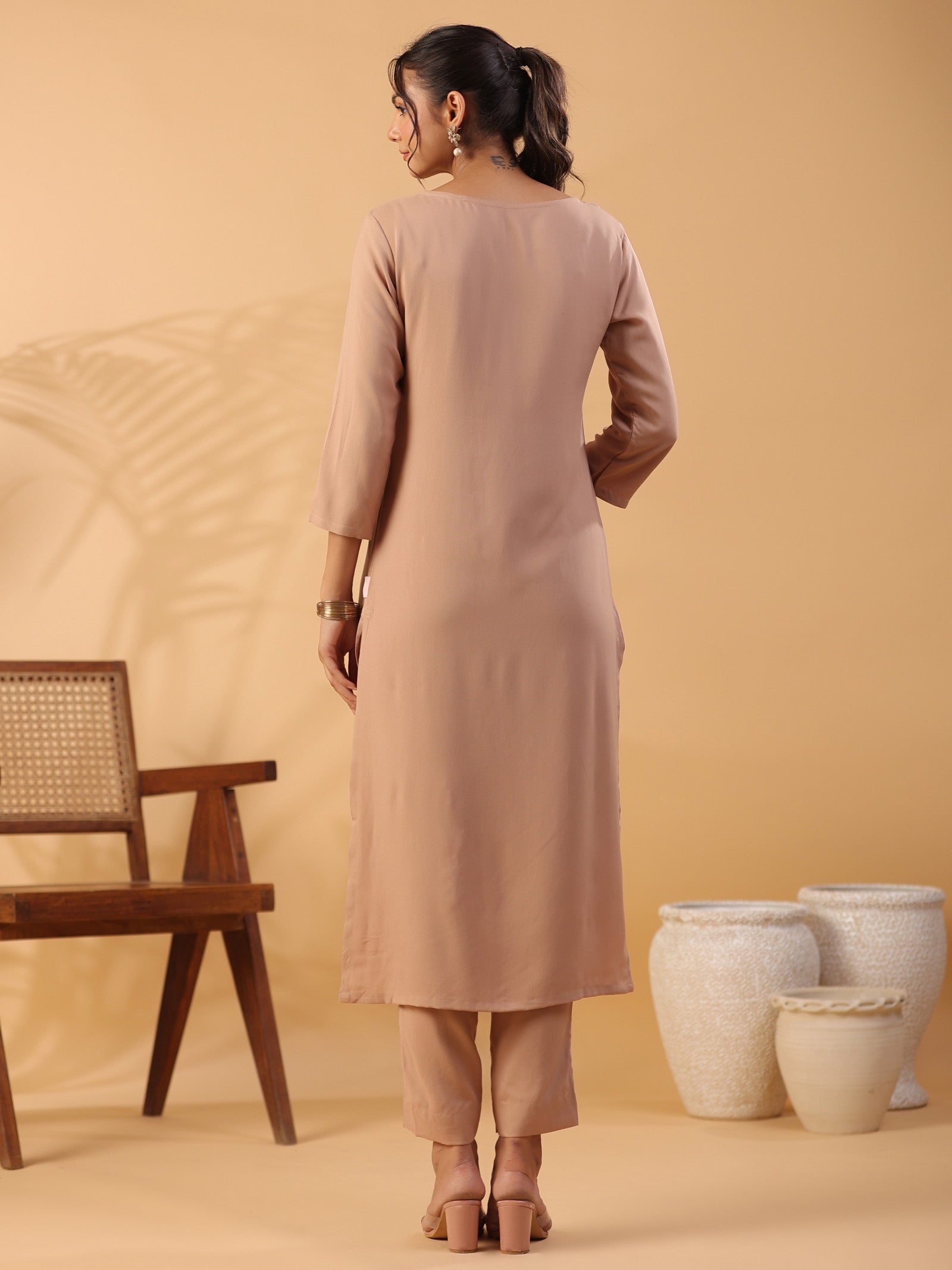 Peach Round Neck Straight Kurta With Trouser Dropshipera