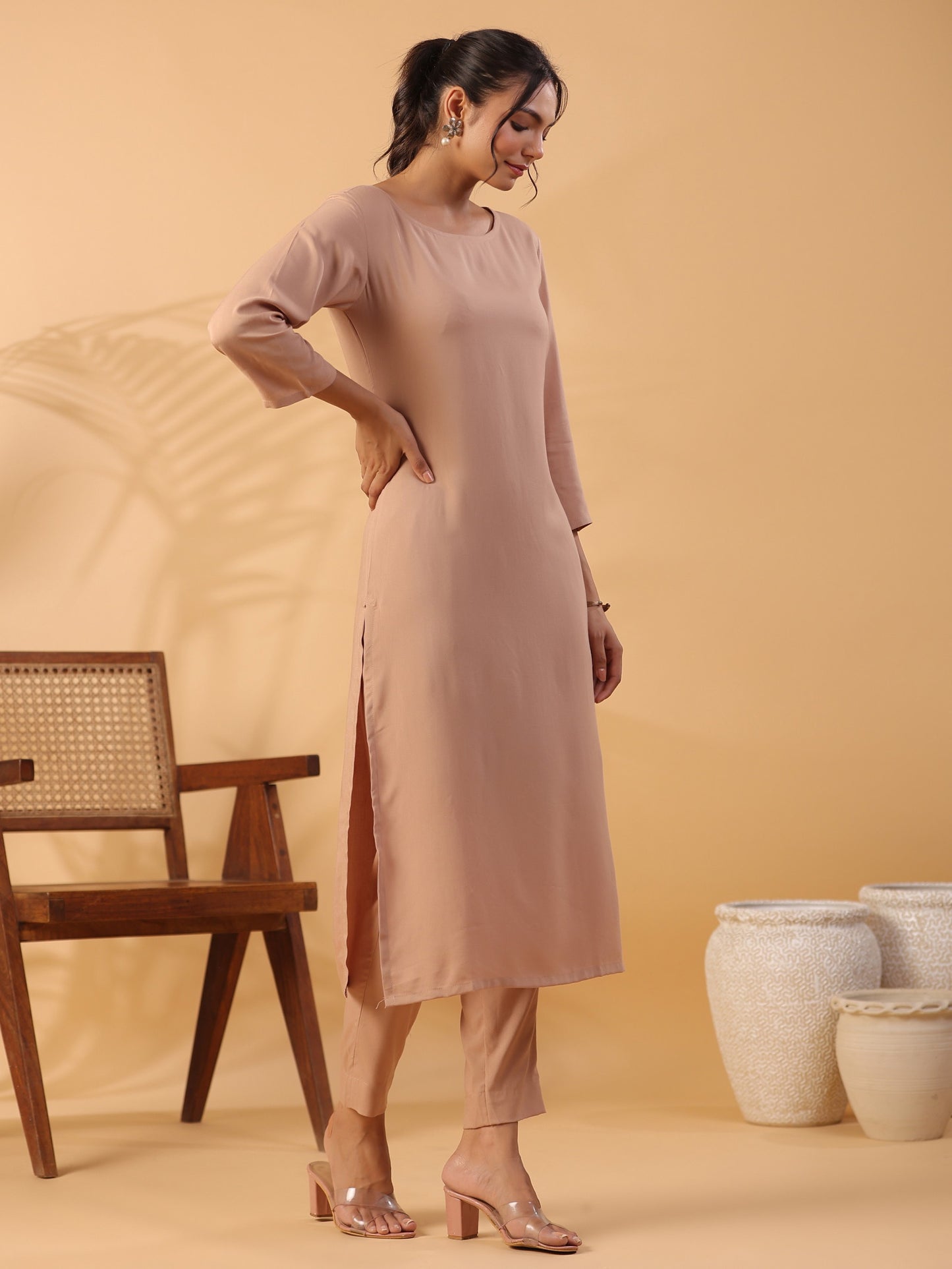 Peach Round Neck Straight Kurta With Trouser Dropshipera