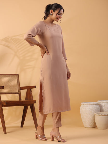 Peach Round Neck Straight Kurta With Trouser Dropshipera