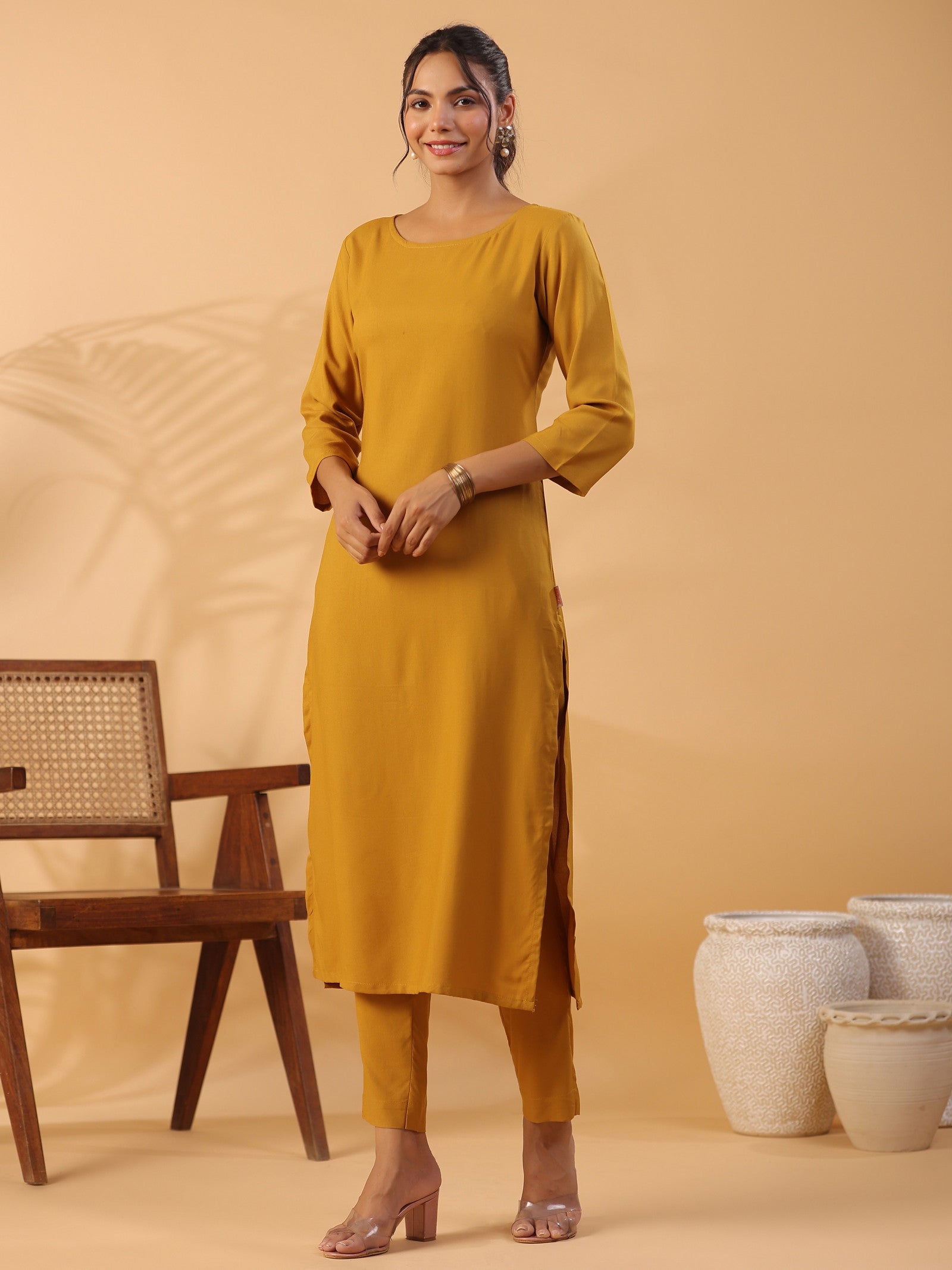 Mustard yellow Round Neck Straight Kurta With Trouser Dropshipera