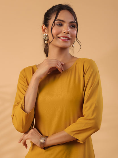 Mustard yellow Round Neck Straight Kurta With Trouser Dropshipera