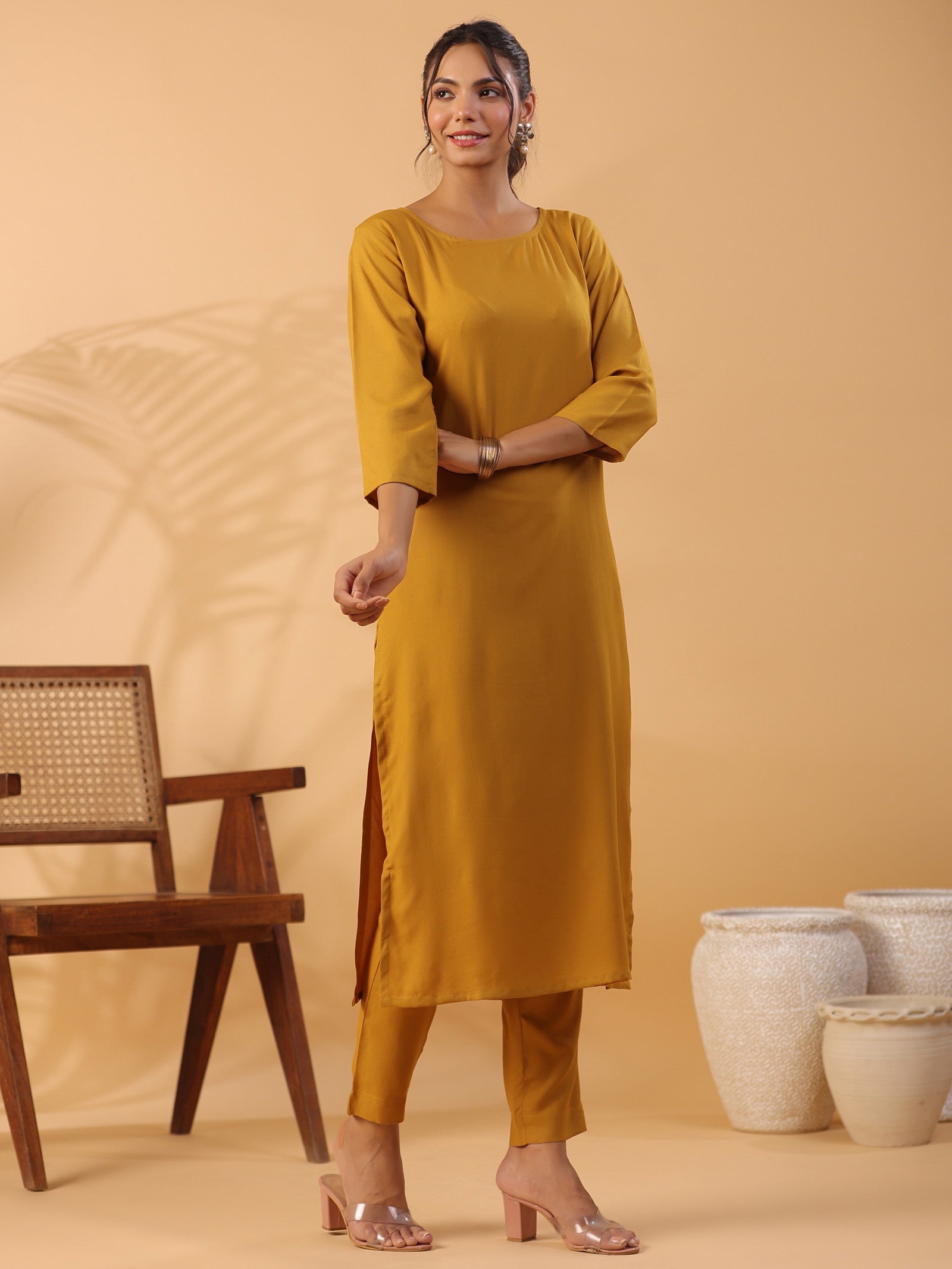 Mustard yellow Round Neck Straight Kurta With Trouser Dropshipera