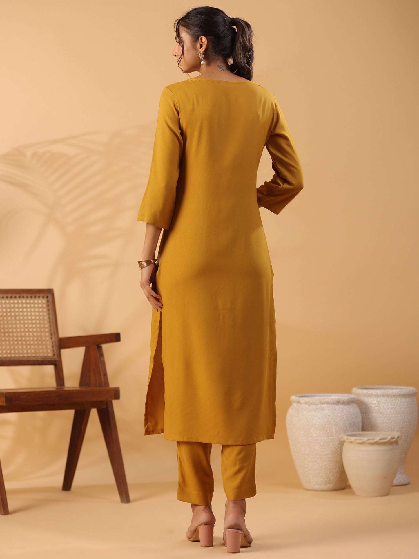 Mustard yellow Round Neck Straight Kurta With Trouser Dropshipera