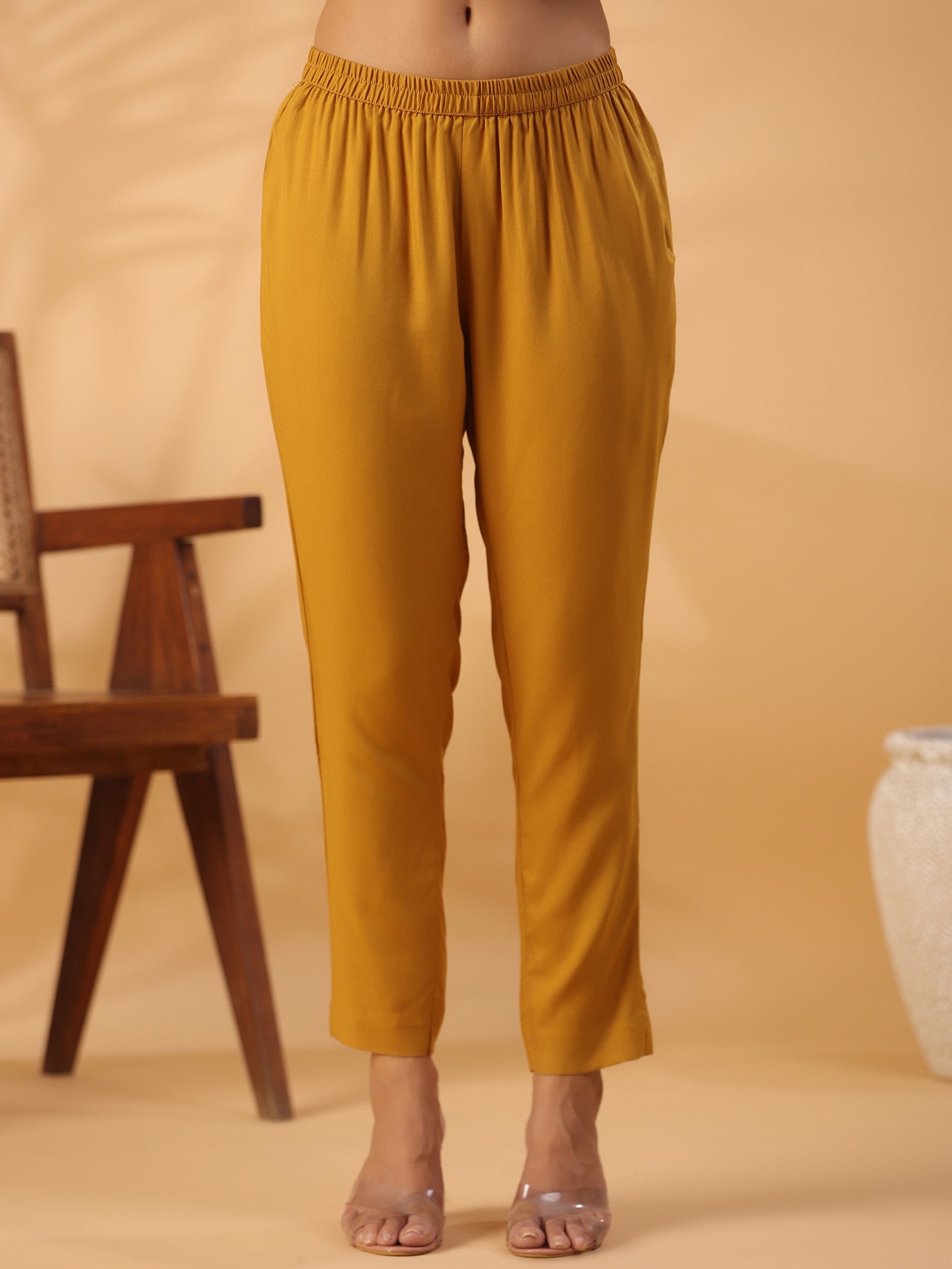 Mustard yellow Round Neck Straight Kurta With Trouser Dropshipera