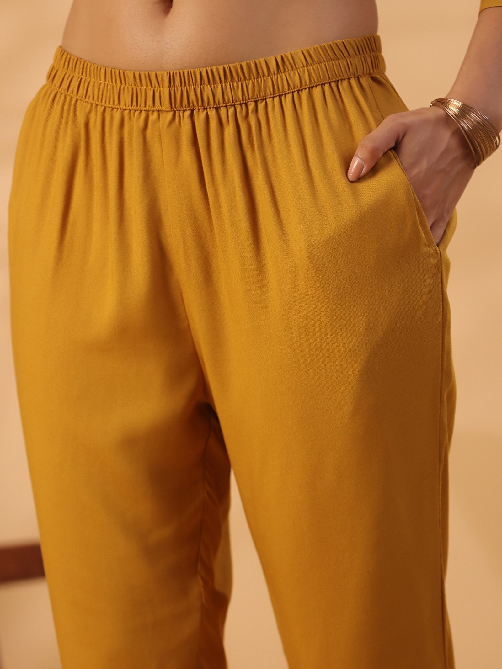 Mustard yellow Round Neck Straight Kurta With Trouser Dropshipera