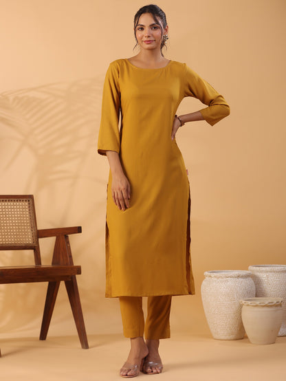 Mustard yellow Round Neck Straight Kurta With Trouser Dropshipera