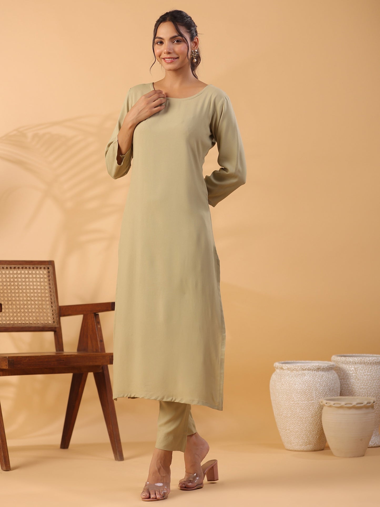 Beige Boat Neck Straight Kurta with Trousers Dropshipera