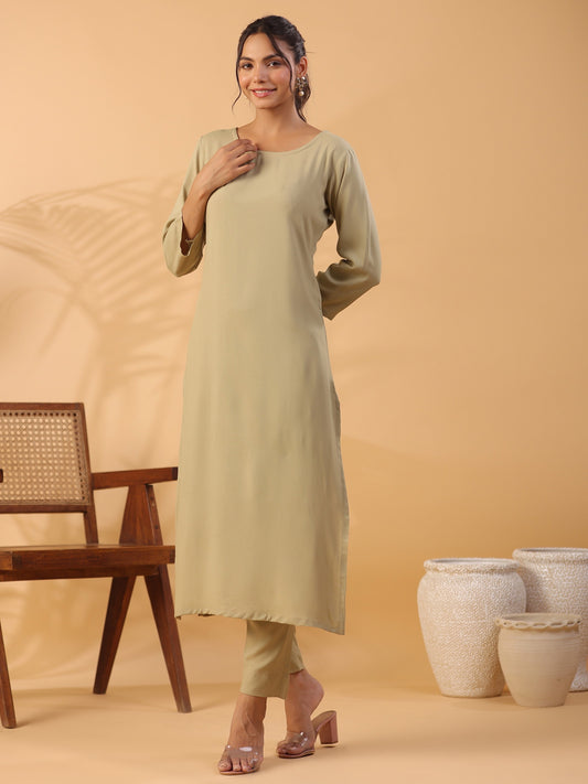 Beige Boat Neck Straight Kurta with Trousers Dropshipera