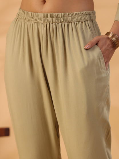 Beige Boat Neck Straight Kurta with Trousers Dropshipera