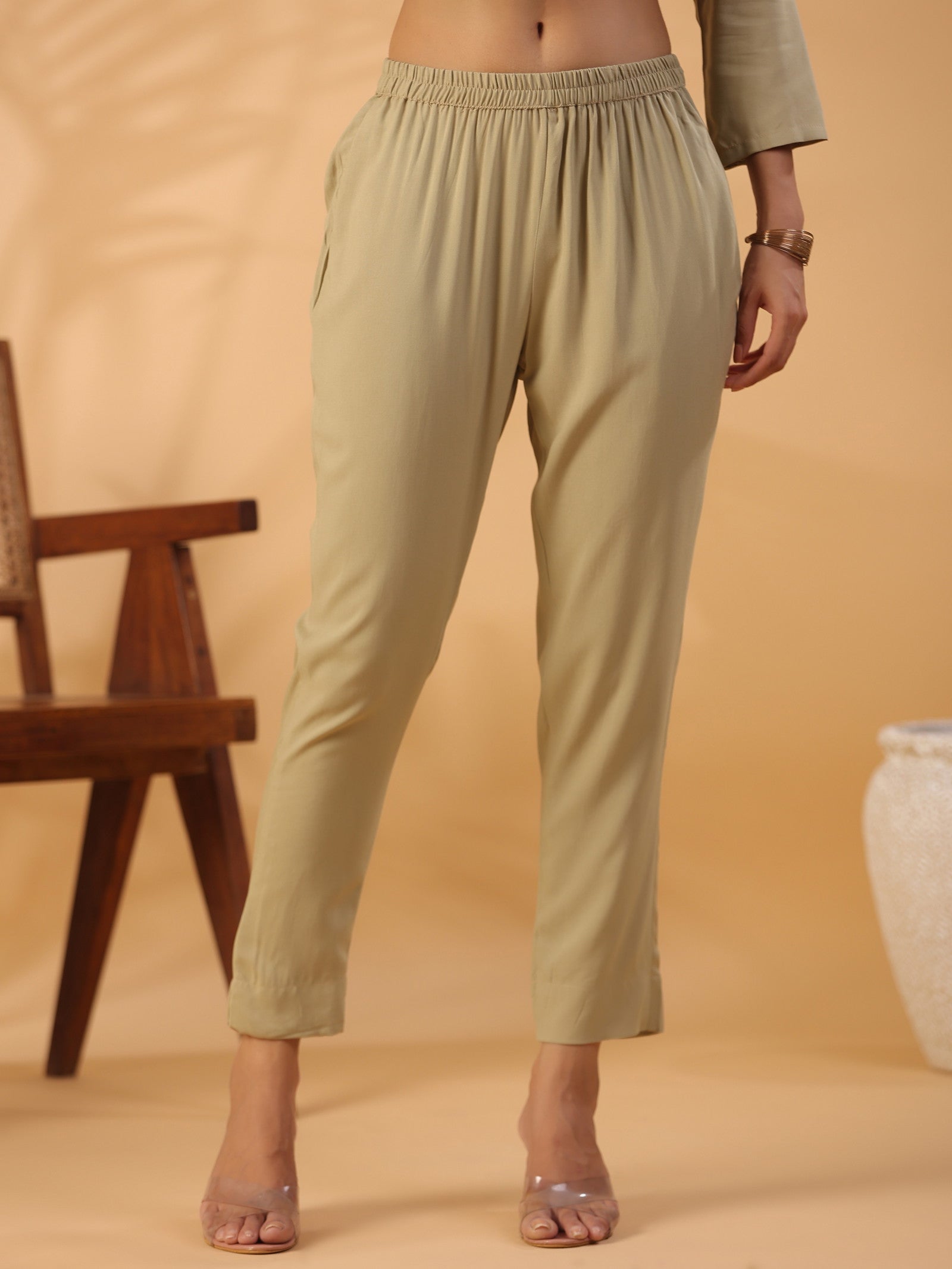 Beige Boat Neck Straight Kurta with Trousers Dropshipera