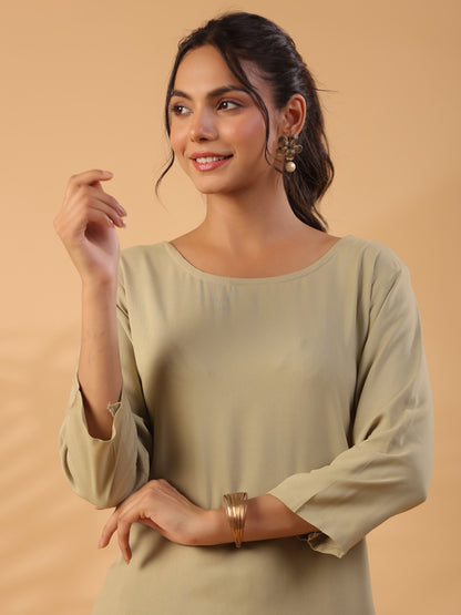 Beige Boat Neck Straight Kurta with Trousers Dropshipera