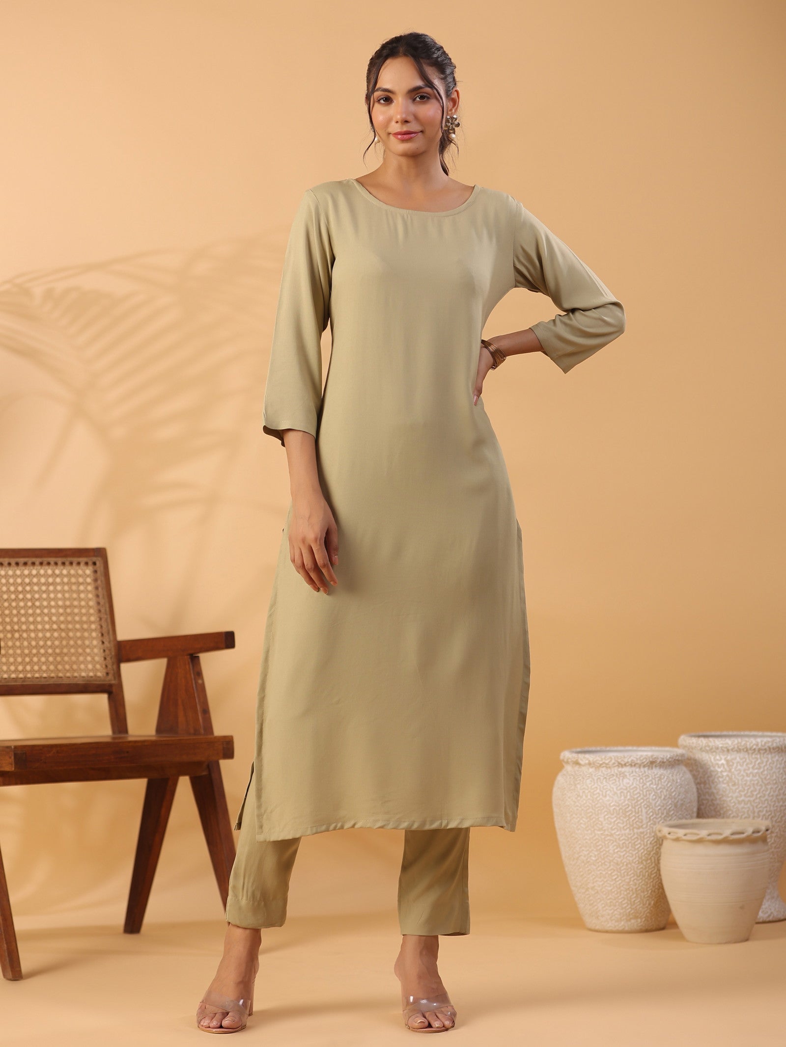 Beige Boat Neck Straight Kurta with Trousers Dropshipera
