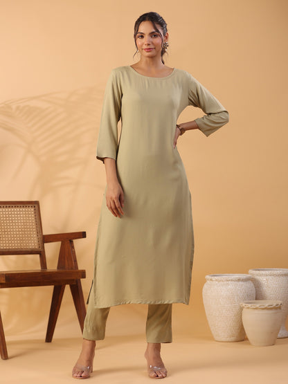 Beige Boat Neck Straight Kurta with Trousers Dropshipera