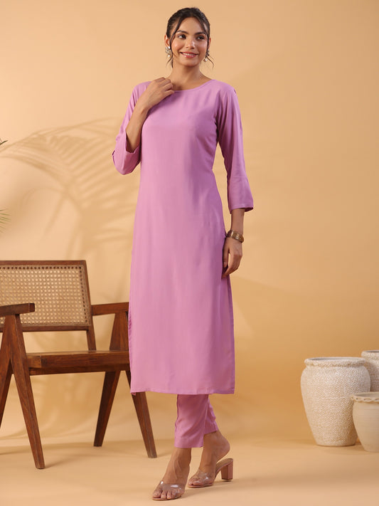 Mauve Colour Round Neck Straight Kurta With Trouser Dropshipera