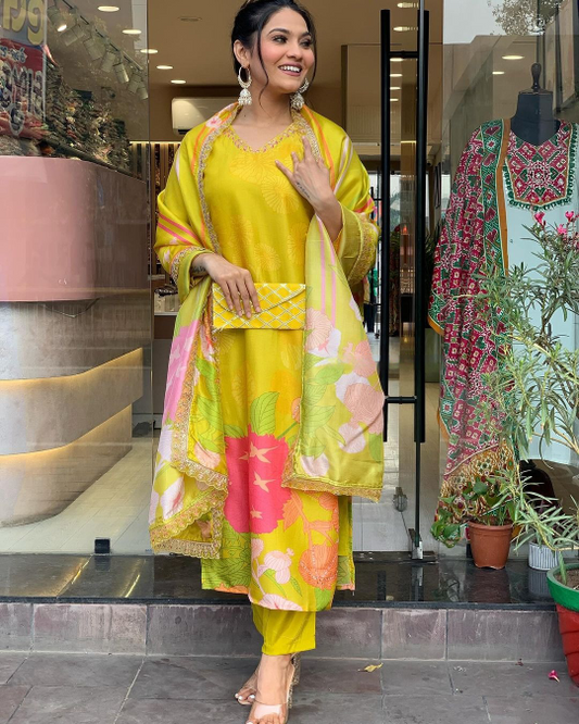 Yellow Beautiful and Simple Straight Kurta Set with Bottom and Dupatta Dropshipera