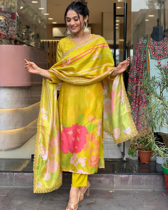 Yellow Beautiful and Simple Straight Kurta Set with Bottom and Dupatta Dropshipera