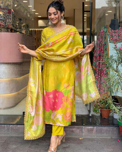 Yellow Beautiful and Simple Straight Kurta Set with Bottom and Dupatta Dropshipera