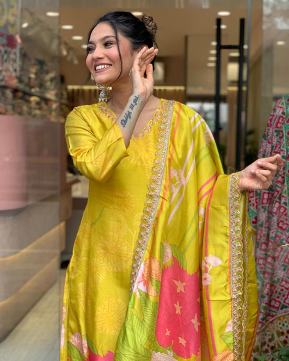 Yellow Beautiful and Simple Straight Kurta Set with Bottom and Dupatta Dropshipera