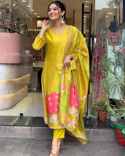 Yellow Beautiful and Simple Straight Kurta Set with Bottom and Dupatta Dropshipera