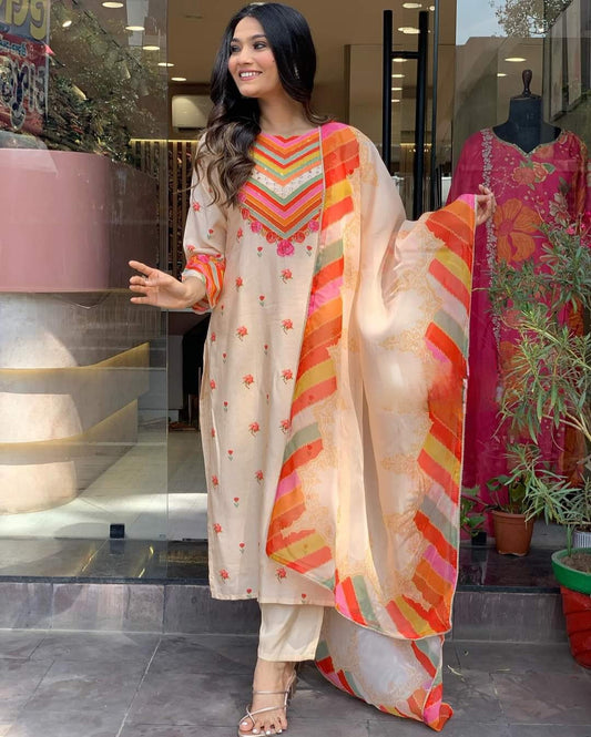 Cream Women Embroidered Straight Kurta Suit Set Dropshipera