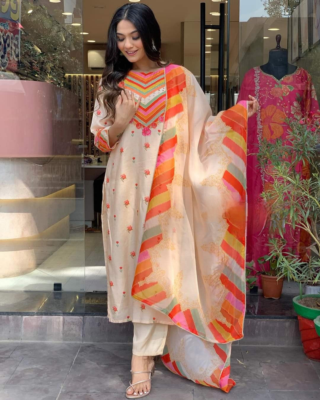 Cream Women Embroidered Straight Kurta Suit Set Dropshipera