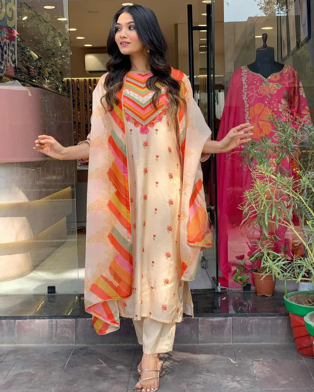 Cream Women Embroidered Straight Kurta Suit Set Dropshipera