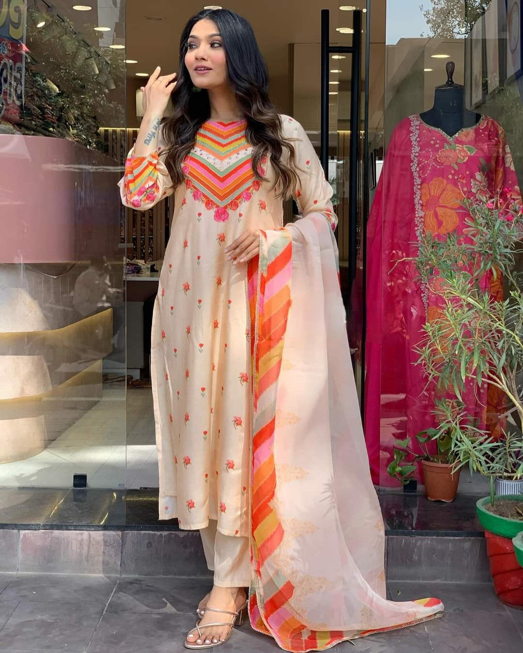 Cream Women Embroidered Straight Kurta Suit Set Dropshipera