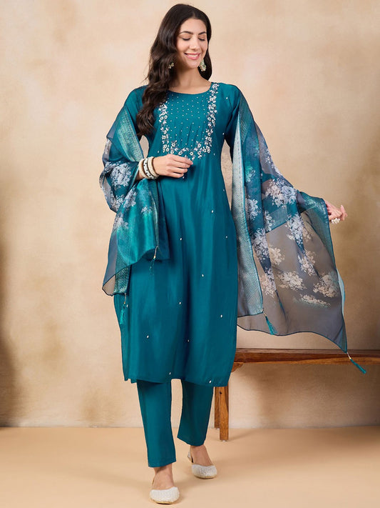 Beautiful Teal Blue Embroidered Kurta Set with Bottom Wear and Dupatta Dropshipera