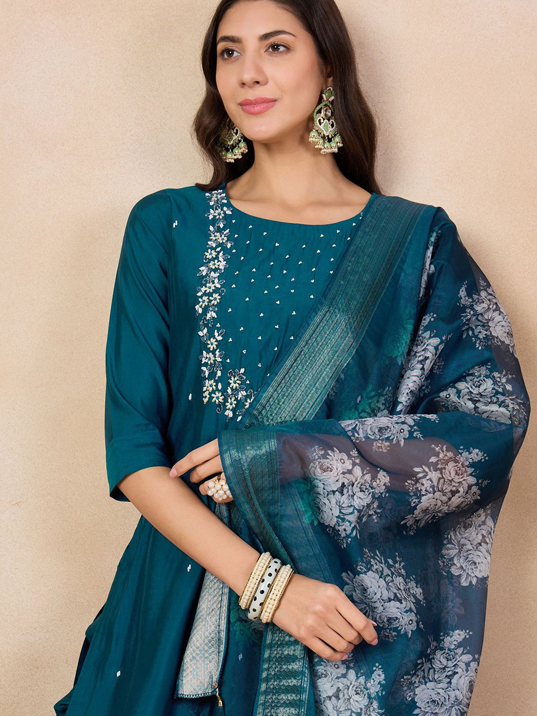 Beautiful Teal Blue Embroidered Kurta Set with Bottom Wear and Dupatta Dropshipera