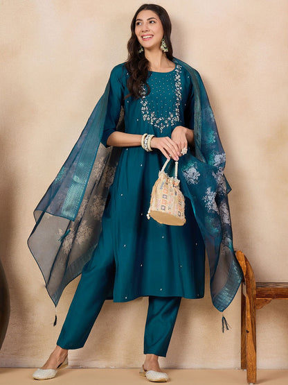 Beautiful Teal Blue Embroidered Kurta Set with Bottom Wear and Dupatta Dropshipera