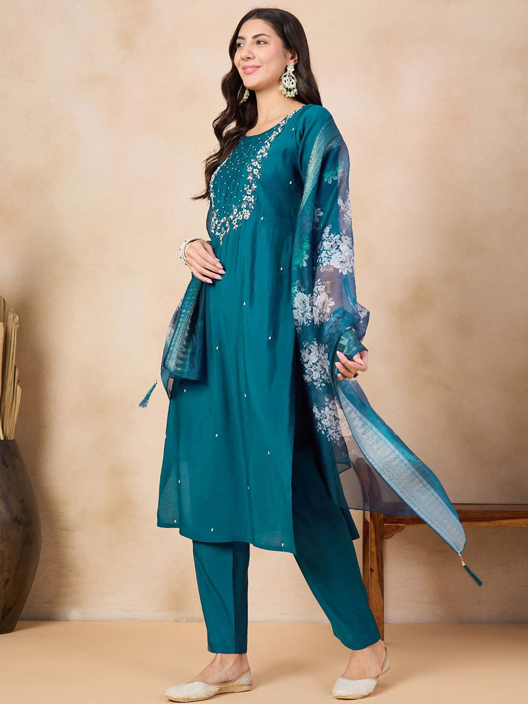 Beautiful Teal Blue Embroidered Kurta Set with Bottom Wear and Dupatta Dropshipera