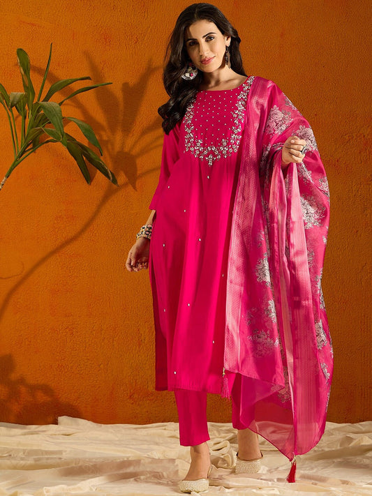 Beautiful Pink Embroidered Kurta Set with Bottom Wear and Dupatta Dropshipera