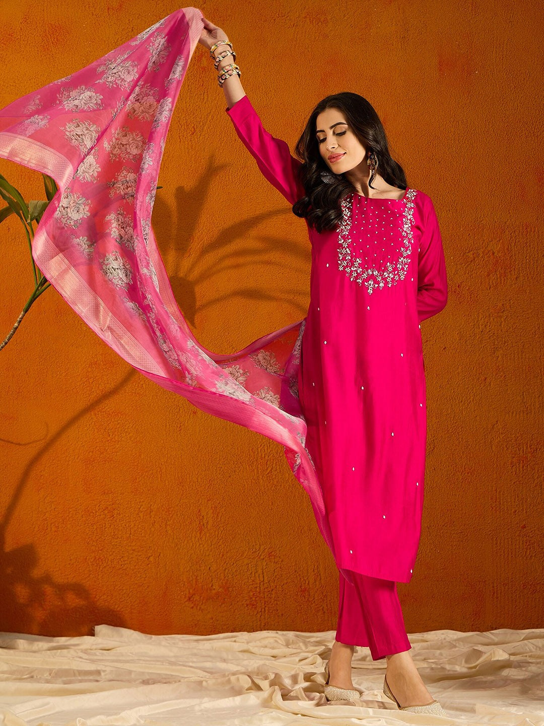 Beautiful Pink Embroidered Kurta Set with Bottom Wear and Dupatta Dropshipera