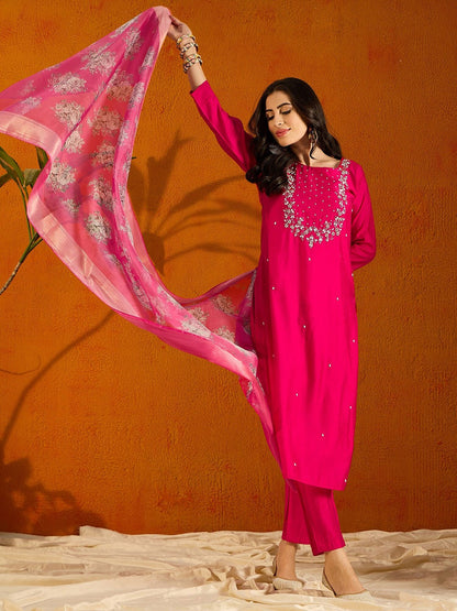 Beautiful Pink Embroidered Kurta Set with Bottom Wear and Dupatta Dropshipera