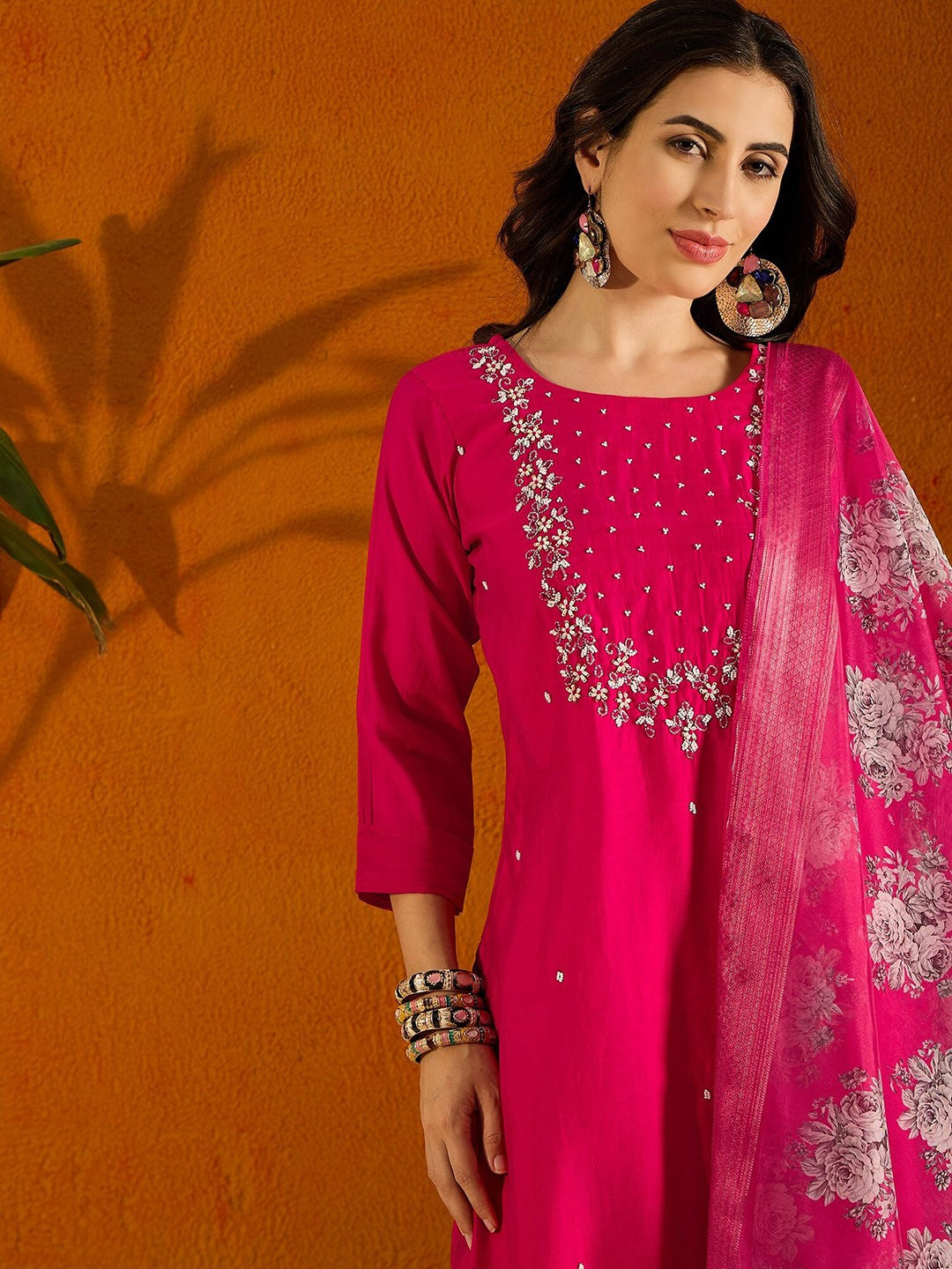 Beautiful Pink Embroidered Kurta Set with Bottom Wear and Dupatta Dropshipera