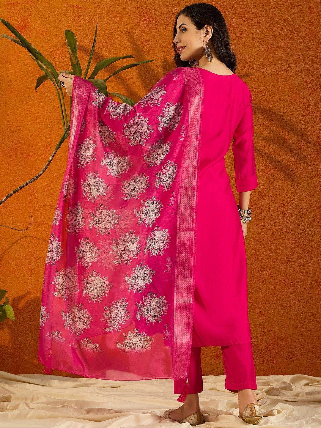 Beautiful Pink Embroidered Kurta Set with Bottom Wear and Dupatta Dropshipera