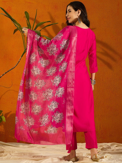 Beautiful Pink Embroidered Kurta Set with Bottom Wear and Dupatta Dropshipera