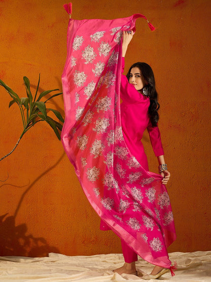 Beautiful Pink Embroidered Kurta Set with Bottom Wear and Dupatta Dropshipera