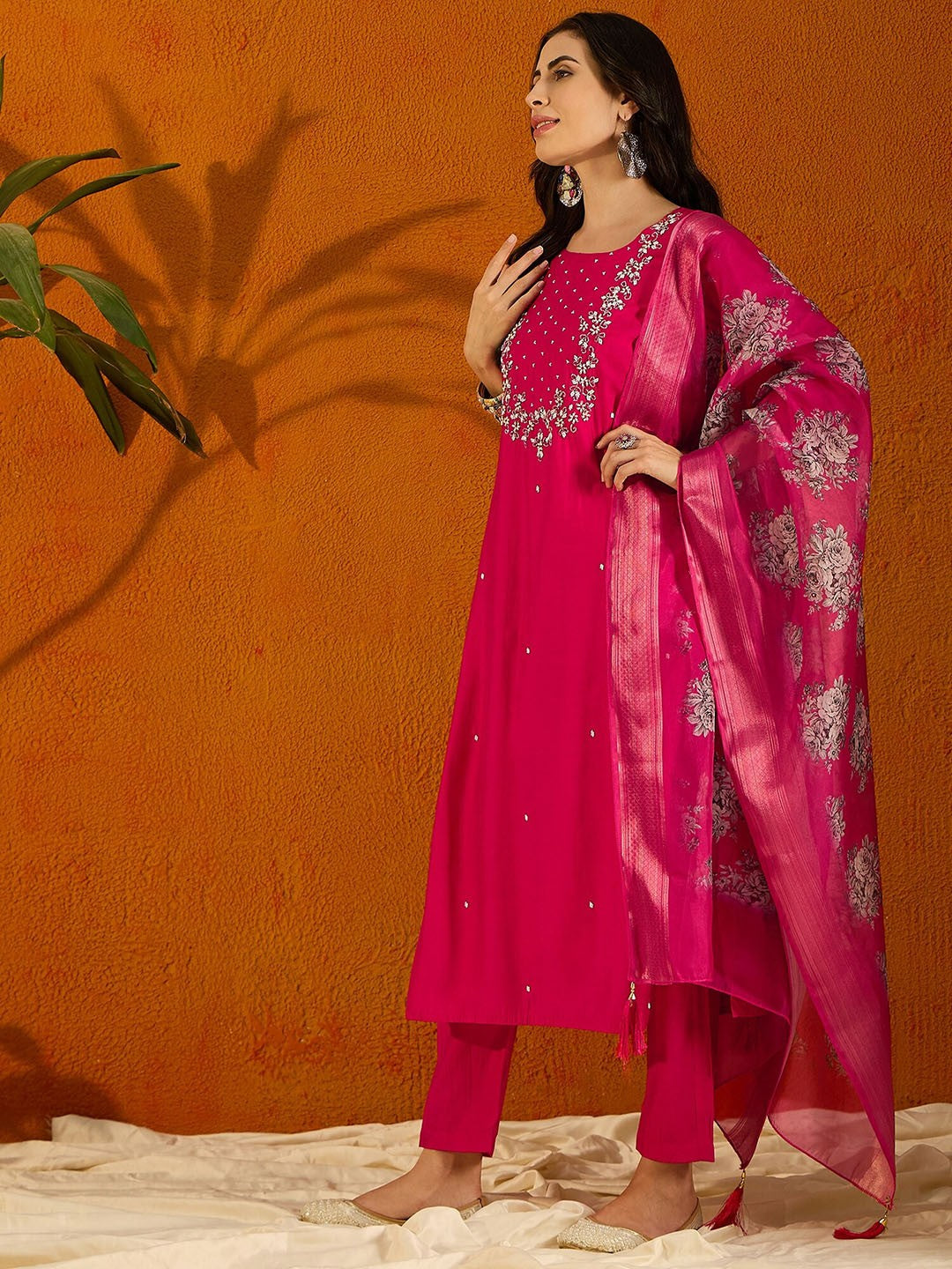 Beautiful Pink Embroidered Kurta Set with Bottom Wear and Dupatta Dropshipera