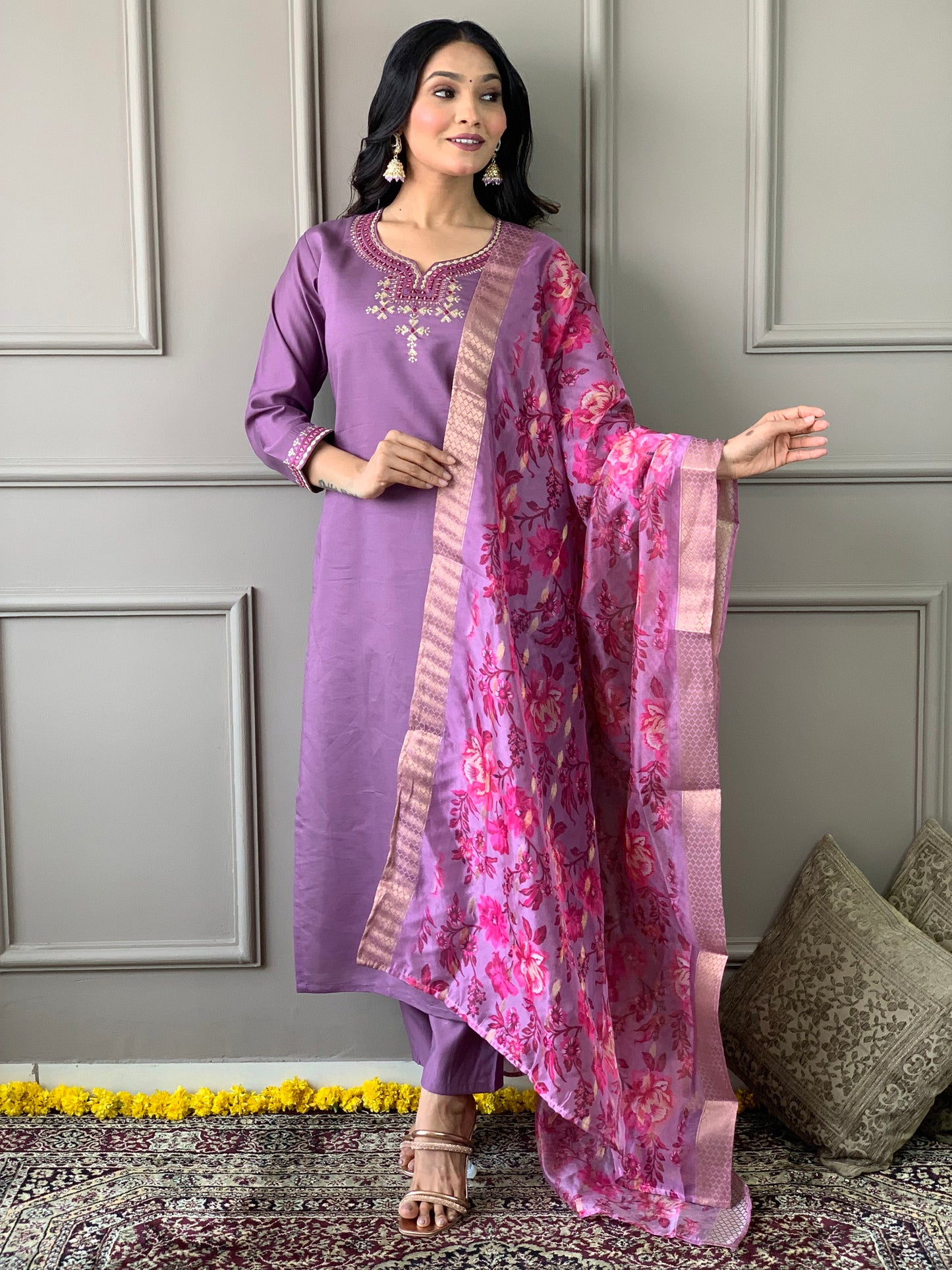 Luxurious Chanderi Silk Purple Kurta Set with Bottom and Dupatta Dropshipera