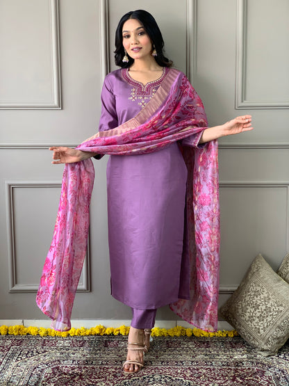 Luxurious Chanderi Silk Purple Kurta Set with Bottom and Dupatta Dropshipera