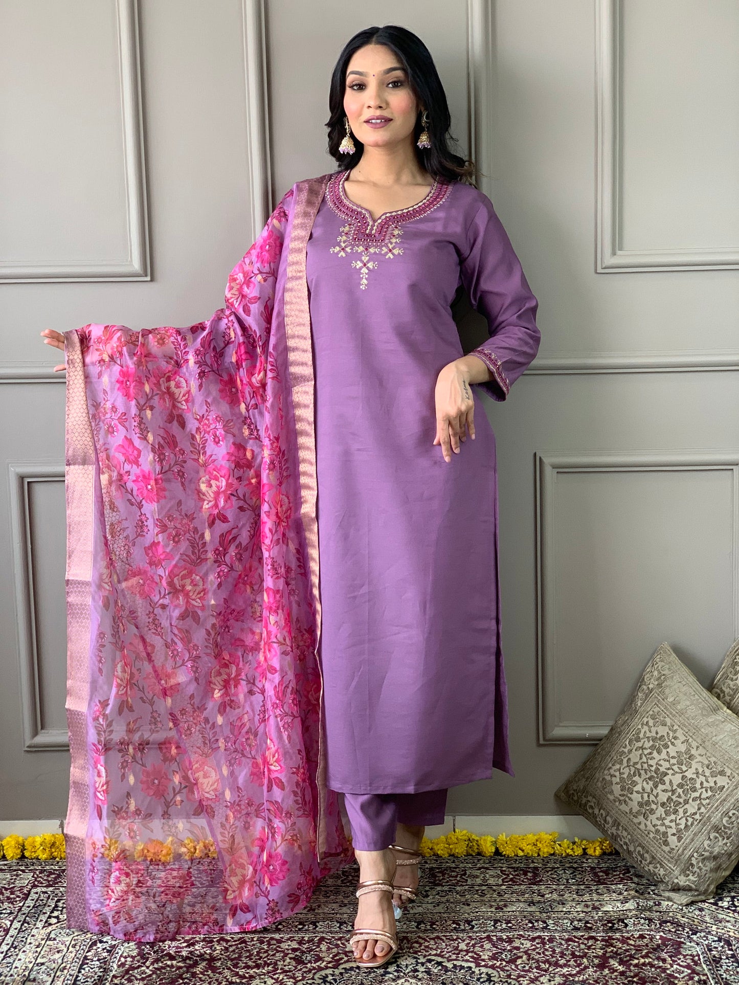 Luxurious Chanderi Silk Purple Kurta Set with Bottom and Dupatta Dropshipera